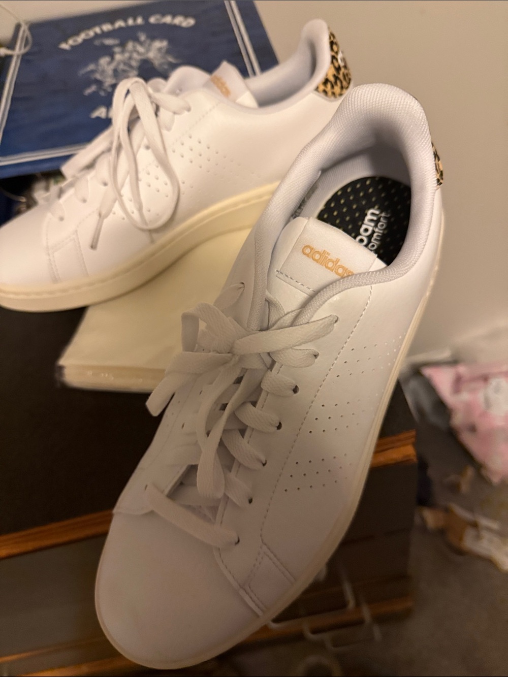 adidas White Low-Top Sneakers with Leopard Heel and Gold Logo